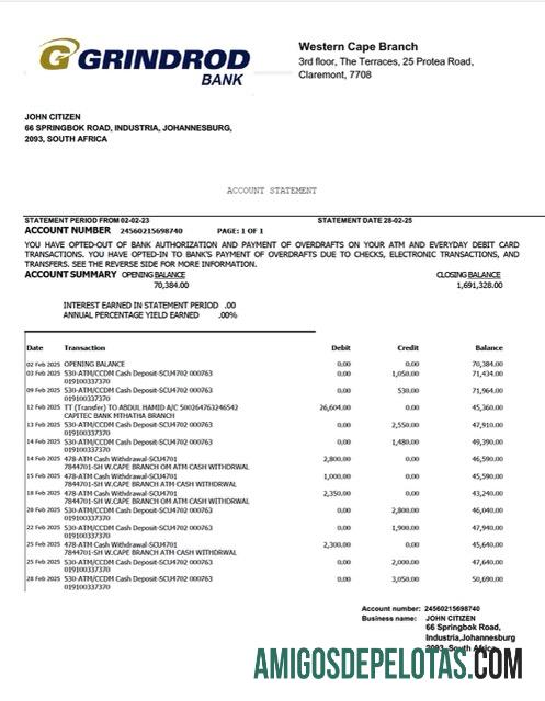 em branco África do Sul Grindrod Extrato de conta bancária modelo Word e PDF